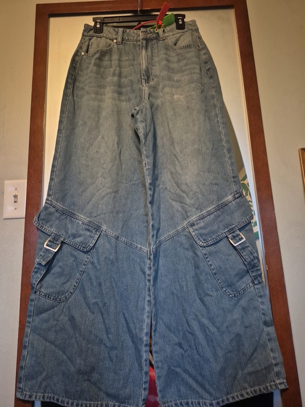 Wide-Leg Cargo Denim Jeans - Light Blue